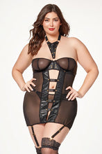 Load image into Gallery viewer, Two-Piece Vegan Leather Chemise and Thong Set – Bold Lingerie Set with Brass Rivets & Adjustable Garter Straps