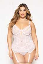 Load image into Gallery viewer, Two-Piece Floral Lace & Mesh Chemise Lingerie Set – Underwire Bra, Adjustable Straps, Removable Garters, and Panty