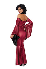 Load image into Gallery viewer, Vampire Vixen Costume – Women’s Wet-Look Halloween Dress with Velvet Collar and Bell Sleeves