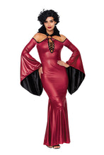 Load image into Gallery viewer, Vampire Vixen Costume – Women’s Wet-Look Halloween Dress with Velvet Collar and Bell Sleeves