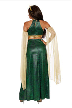 Load image into Gallery viewer, Mistress Medusa Costume for Women – 3 PC Snake Print Dress with Cutouts, Gold Mesh Sleeves & Snake Headpiece