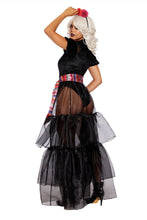 Load image into Gallery viewer, Miss Muerte Costume for Women – 4 PC Velvet Bodysuit with Mesh & Sequin Detail, Tiered Skirt, Satin Sash & Flower Headband