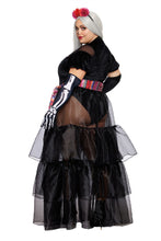 Load image into Gallery viewer, Miss Muerte Costume for Women – 4 PC Velvet Bodysuit with Mesh & Sequin Detail, Tiered Skirt, Satin Sash & Flower Headband