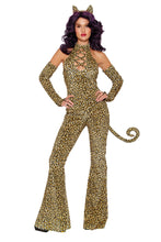 Load image into Gallery viewer, Here Kitty Kitty Costume for Women – 4 PC Velvet Flare-Leg Jumpsuit with Faux Lace-Up Front, Cat Ears, Gauntlet Gloves & Removable Tail