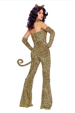 Load image into Gallery viewer, Here Kitty Kitty Costume for Women – 4 PC Velvet Flare-Leg Jumpsuit with Faux Lace-Up Front, Cat Ears, Gauntlet Gloves & Removable Tail