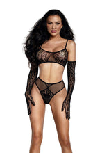 Load image into Gallery viewer, Seamless Lace Knit 3-Piece Set with Bralette, High-Waist Panty & Opera Gloves