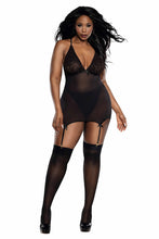 Load image into Gallery viewer, Mocha Leopard Print Flocked Mesh Nighty Set with Garter Straps, and Matching Panty