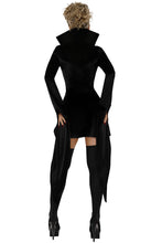 Load image into Gallery viewer, Women's Vampire Queen Costume, Black Velvet Halloween Dress with Strategic Cutouts & Printed Satin High Collar, Gothic Vampire Costume Outfit