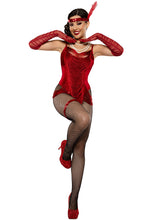 Load image into Gallery viewer, Prohibition Penny Costume, Red Velvet Bodysuit with Lurex Fringe, Ruched Mesh Gloves & Sequined Garter, Roaring 20s Flapper Outfit