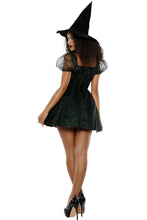 Load image into Gallery viewer, Green Witch Costume, Velvet & Mesh Circle Skirt Dress with Green Glitter Details & Matching Velvet Witch Hat, Halloween Cosplay Outfit