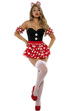 Load image into Gallery viewer, Women's Sultry Sweetheart Costume, Denier Bodysuit with Decorative Buttons & Attached Printed Mesh Ruffle Skirt, Puff Sleeves & Bow Headband