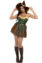 Load image into Gallery viewer, Sweet Scarecrow Costume, Printed Denier Dress with Straw Trim, Matching Scarecrow Hat & Twine Trim Belt, Halloween Fall Costume