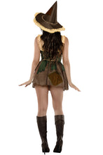Load image into Gallery viewer, Sweet Scarecrow Costume, Printed Denier Dress with Straw Trim, Matching Scarecrow Hat & Twine Trim Belt, Halloween Fall Costume