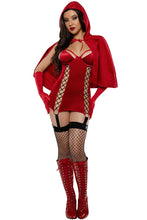 Load image into Gallery viewer, Women’s Velvet Red Riding Hood Costume, Cut-Out Velvet Dress with Faux-Lacing & Attached Garters, Matching Cape & Denier Gloves, Halloween Fairy Tale Outfit