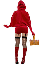 Load image into Gallery viewer, Women’s Velvet Red Riding Hood Costume, Cut-Out Velvet Dress with Faux-Lacing & Attached Garters, Matching Cape & Denier Gloves, Halloween Fairy Tale Outfit