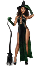 Load image into Gallery viewer, Women’s Emerald Enchantress Costume, Printed Velvet Dress with Open Faux-Lacing Side Panels, Built-In Panty, Elbow-Length Gloves & Velvet Witch Hat