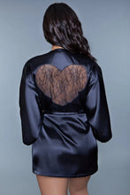 Load image into Gallery viewer, Amora Satin Robe with Lace Heart Back – Short Kimono-Style Loungewear with Belted Tie