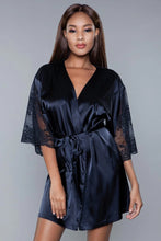 Load image into Gallery viewer, Grace Satin Robe with Lace Panels – Elegant Women’s Loungewear with Sheer Floral Lace & Belt