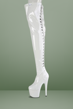 Load image into Gallery viewer, Stretch Thigh Boot with 7-Inch Stiletto Heel, Platform, and Rear Lace-Up Detail