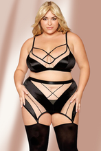 Load image into Gallery viewer, Nude mesh bralette with garter skirt and G-string, Three-Piece Set