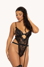 Load image into Gallery viewer, Ditsy Floral Lace Teddy with Multi-Layered Trim – Underwire, High Cut, Thong Back & Removable Garters