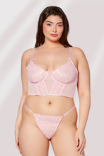 Load image into Gallery viewer, Two Piece Floral Embroidery Mesh Bustier & G-String Set – Sexy Lingerie with Adjustable Straps & Gold Hardware