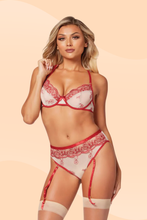 Load image into Gallery viewer, Sexy Two Piece Bra & High-Waisted Panty Set – Sheer Stretch Mesh with Floral Embroidery & Garter Straps