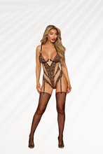 Load image into Gallery viewer, Sheer Nude Stretch Mesh and Printed Flocked Leopard Stretch Mesh Garter Teddy