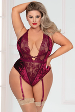 Load image into Gallery viewer, Velvet & Lace Teddy – Plunging Neckline, Strappy Thong, & Removable Garters