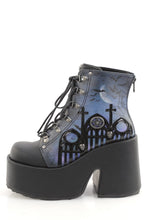 Load image into Gallery viewer, Gothic Platform Ankle Boots with 5 Inch Chunky Heel, 3 Inch Platform, D-Ring Lace-Up Front, Moonlit Cathedral Artwork and Metal Back Zip Closure