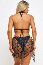 Load image into Gallery viewer, Blossom 3-Piece Bikini Set with Butterfly Mesh Sarong – Ruffled Triangle Top & Tanga Bottom