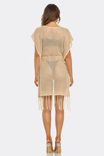 Load image into Gallery viewer, Knotty by Nature Mini Swim Cover Up Dress, Open Knit Beach Cover-Up with Tassel Trim, Waist Tie, Short Sleeves & Lightweight Crochet Style