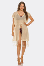 Load image into Gallery viewer, Knotty by Nature Mini Swim Cover Up Dress, Open Knit Beach Cover-Up with Tassel Trim, Waist Tie, Short Sleeves & Lightweight Crochet Style