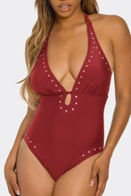 Load image into Gallery viewer, Geo Accent One-Piece Swimsuit, Deep V-Neck Halter Bathing Suit with Low Back, High-Cut Leg & Cheeky Coverage
