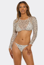 Load image into Gallery viewer, Spotted You 3-Piece Bikini Set, Animal Print Triangle Swimsuit with Mesh Long Sleeve Crop Top, Adjustable String Bikini & Cheeky Low Rise Bottoms