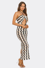 Load image into Gallery viewer, Wavy Baby Maxi Swim Cover Up Dress, Striped Wavy Print Beach Dress with Halter Neckline, Side Cutouts & Lightweight Resort Wear