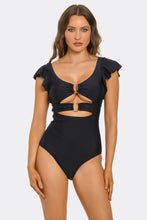 Load image into Gallery viewer, Nightwave One Piece Swimsuit, Black Cutout Swimwear with U-Ring Front Detail, Ruffle Sleeves & Stylish One-Piece Bathing Suit