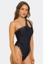 Load image into Gallery viewer, Nelly One-Piece Swimsuit, Asymmetrical Neckline Bathing Suit with Shoulder Cutout, Dotted Accents & Extra High-Cut Legs