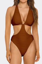 Load image into Gallery viewer, Divine Aura White Monokini Swimsuit, Plunging Neckline One-Piece with Chain Accents, Textured Fabric, High-Cut Leg & Cheeky Back