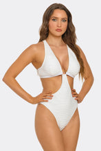 Load image into Gallery viewer, Divine Aura White Monokini Swimsuit, Plunging Neckline One-Piece with Chain Accents, Textured Fabric, High-Cut Leg & Cheeky Back