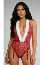 Load image into Gallery viewer, Under the Mistletoe Lace Teddy Bodysuit for Women with Faux Fur Trim, Plunging Neckline, Halter Design & Attached Garter – Holiday Lingerie