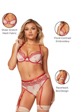 Load image into Gallery viewer, Sexy Two Piece Bra & High-Waisted Panty Set – Sheer Stretch Mesh with Floral Embroidery & Garter Straps