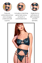 Load image into Gallery viewer, Nightshade Bra Set, Embroidered Lace Bra with Matching Garter Belt and G-String