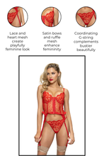 Load image into Gallery viewer, Two piece bustier set, Lace and heart mesh bustier with removable garters and G-string