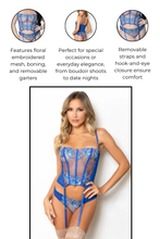Load image into Gallery viewer, Two-Piece Floral Embroidered Mesh Bustier Lingerie Set with Removable Garters and Panty