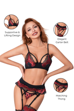 Load image into Gallery viewer, Ruby Lace Lingerie Set with Garter Belt, Semi-Padded Underwired Bra, Adjustable Straps, and Thong