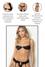 Load image into Gallery viewer, Two-Piece Lace Bra and Flutter Panty Set with Rhinestone Horseshoe Hardware