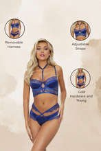Load image into Gallery viewer, Satin & Eyelash Lace Long Line Bra Set – Removable Harness, Underwire, Adjustable Straps, Gold Hardware & Thong