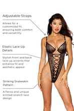 Load image into Gallery viewer, Snakeskin Knitted Stretch Lace Teddy, Sheer Mesh Front Inset Bodysuit