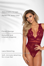 Load image into Gallery viewer, Eyelash & Floral Lace Teddy – Adjustable Straps, Gold Hardware & Thong Back Lingerie